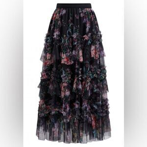 Boutique Tulle Midi Skirt In Black Roses New With Tags Medium